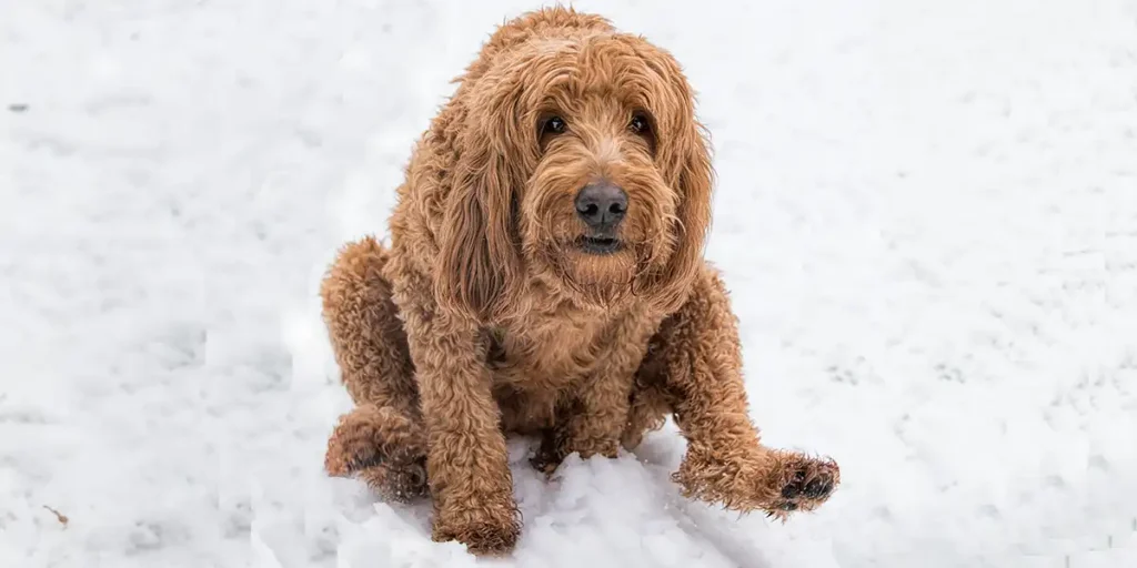 Golden Doodle Scooting on Snow