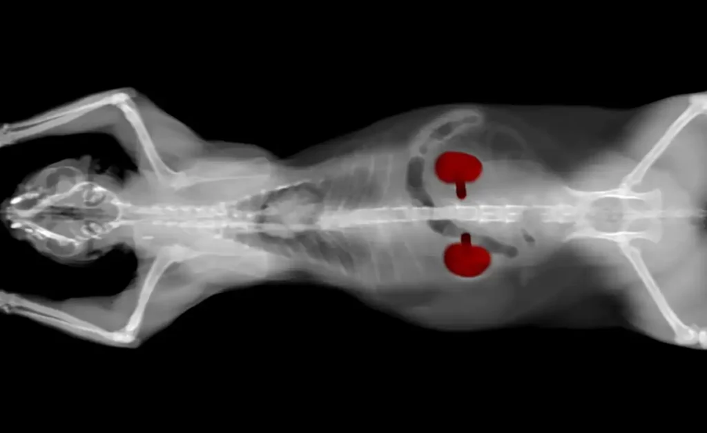 Cat with X-ray with highlight kidney issues