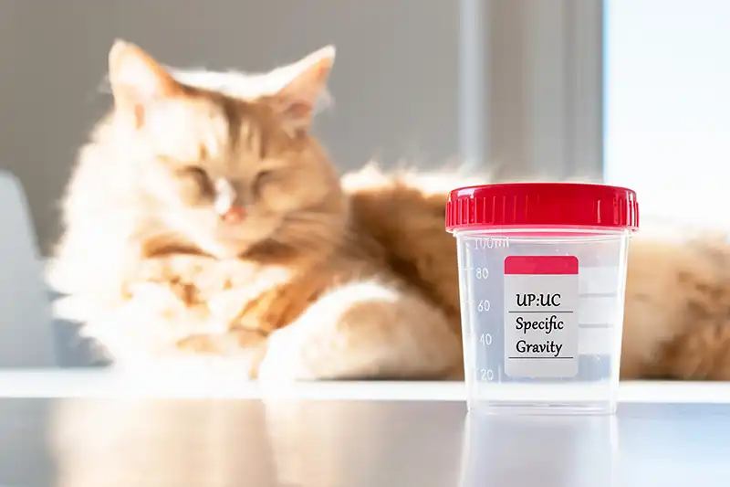 Cat with Urine Cup to Test Kidney Function