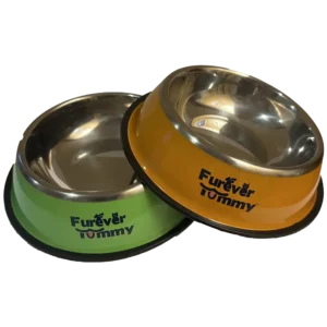 Furever-Tummy-Stainless-Steel-Dog-Food Water Bowl Orange and Green Set of 2