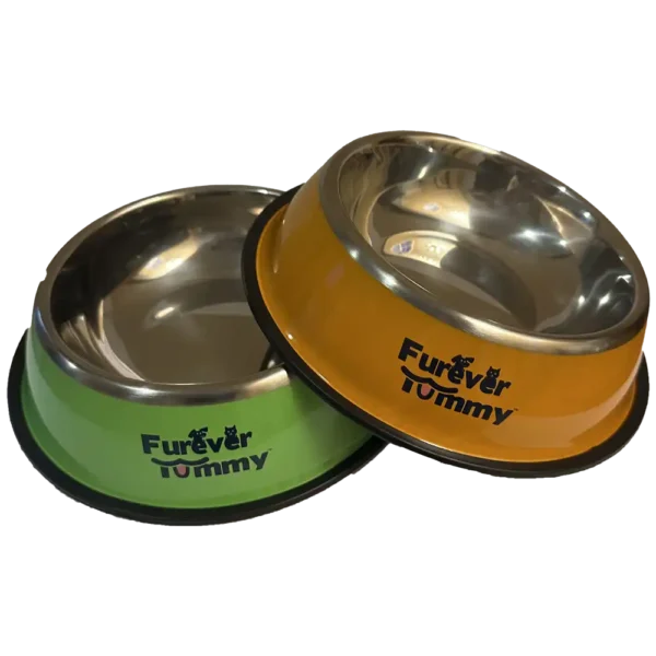 Furever-Tummy-Stainless-Steel-Dog-Food Water Bowl Orange and Green Set of 2